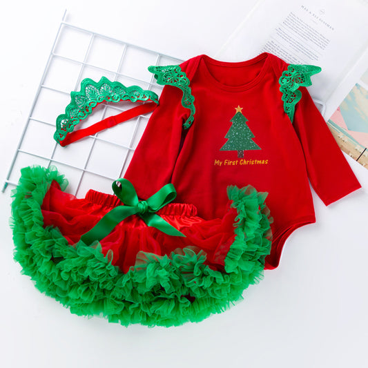 Christmas Autumn/Winter New Style Christmas Tree Long-Sleeved Romper Set for 0-2 Year Old Babies with Tutu Skirt