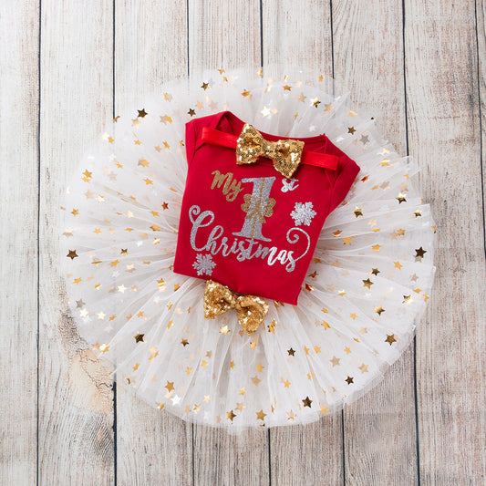 New long-sleeved romper skirt set for infants aged 0-2 years, perfect for Christmas and other festive occasions.