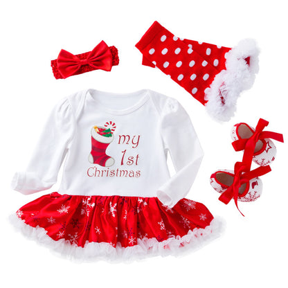 Christmas Baby Big Snowflake Long Sleeve Romper Dress Set 0-2Girls' One-Piece Dress Kids' Clothing