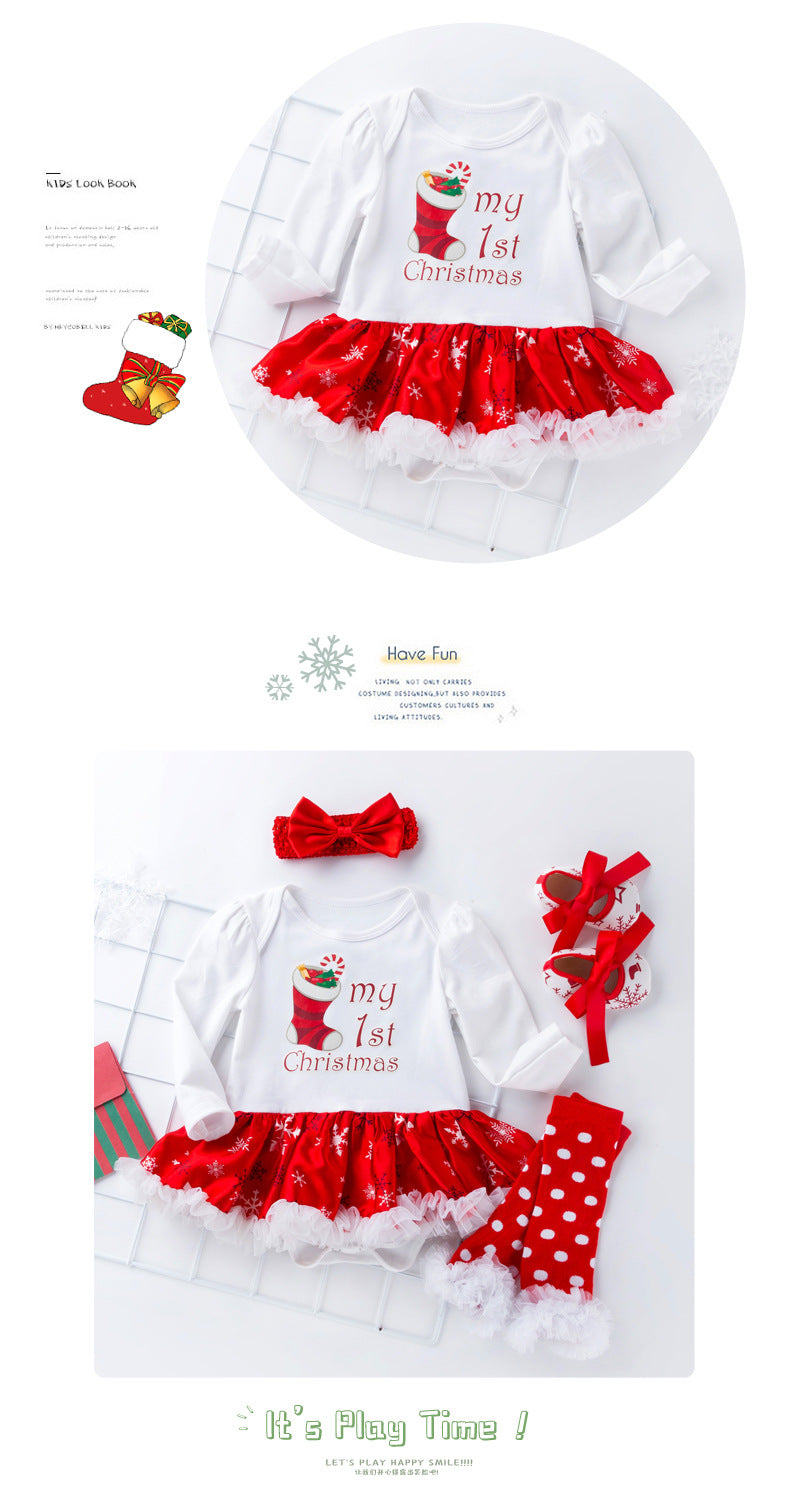 Christmas Baby Big Snowflake Long Sleeve Romper Dress Set 0-2Girls' One-Piece Dress Kids' Clothing
