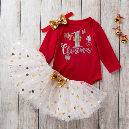 New long-sleeved romper skirt set for infants aged 0-2 years, perfect for Christmas and other festive occasions.