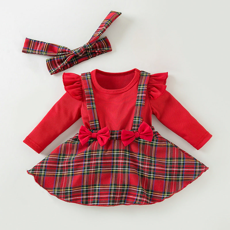 New Autumn/Winter Christmas Style Long-Sleeved Romper Dress for Baby Girls, Cute Ruffled Bow Plaid Princess Dress