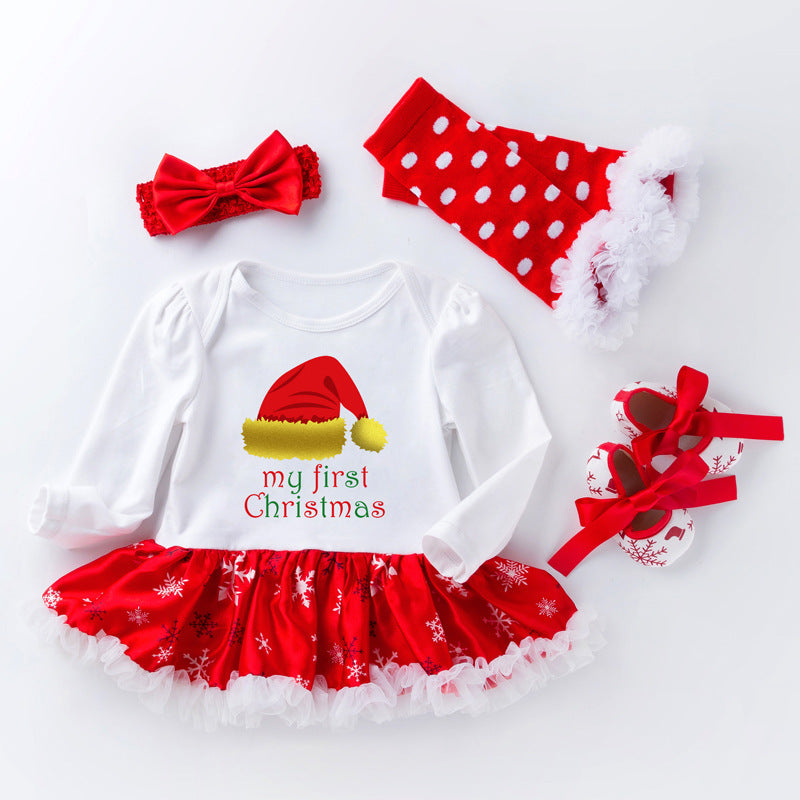 Christmas Baby Big Snowflake Long Sleeve Romper Dress Set 0-2Girls' One-Piece Dress Kids' Clothing