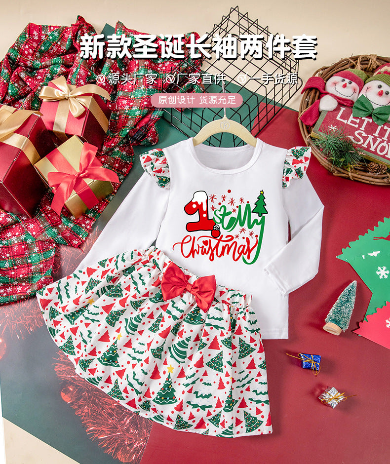 New Autumn and Winter Girls' Long Sleeve Round Neck Flutter Sleeve Sweatshirt Printed Skirt Two-Piece Set