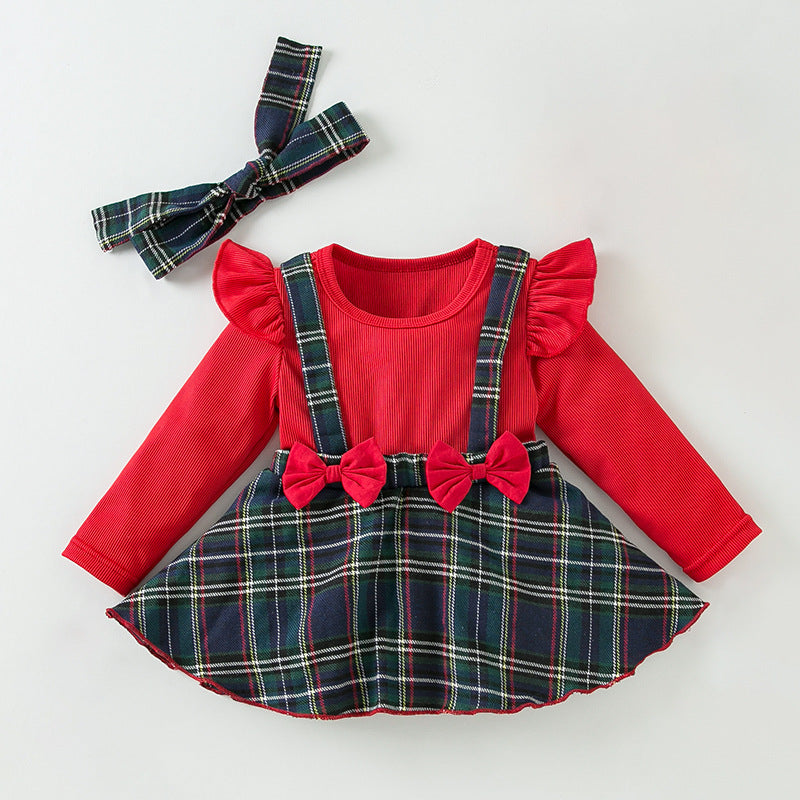 New Autumn/Winter Christmas Style Long-Sleeved Romper Dress for Baby Girls, Cute Ruffled Bow Plaid Princess Dress