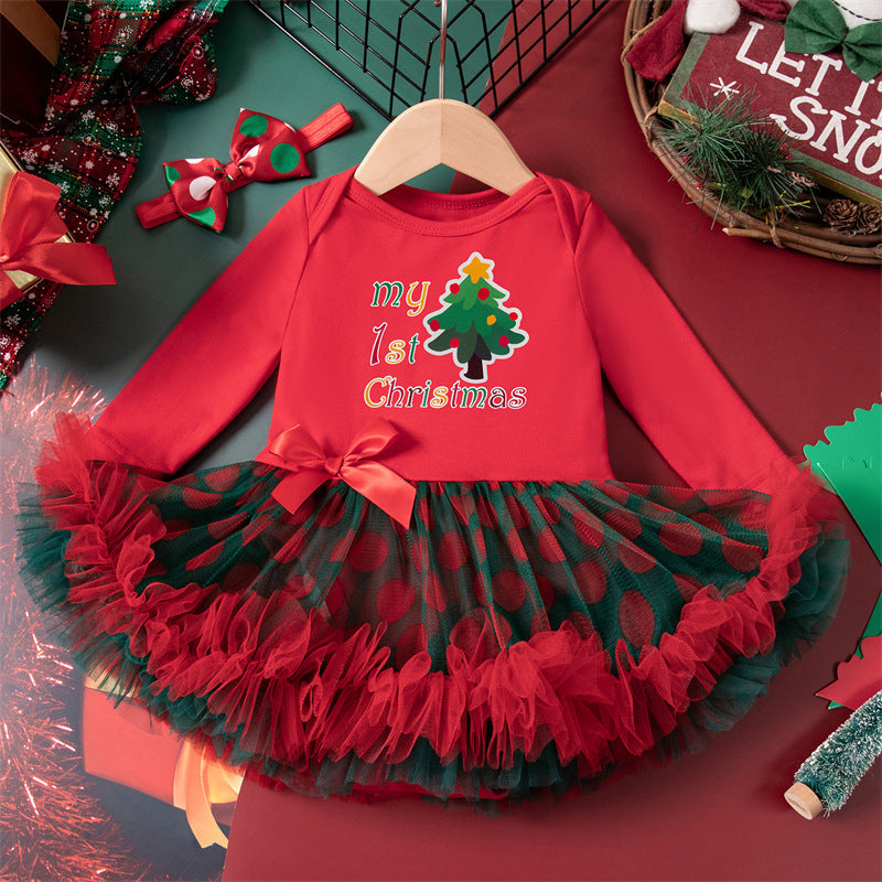 2025 Autumn/Winter New Christmas Long-Sleeved Romper, Puffy Princess Dress, Headband Two-Piece Set