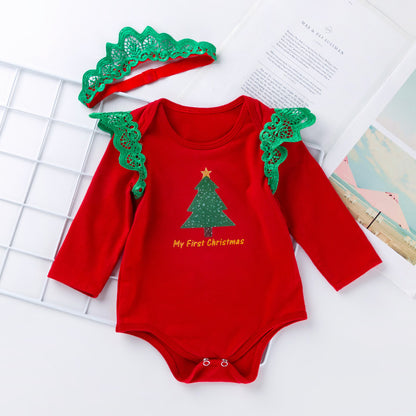 Christmas Autumn/Winter New Style Christmas Tree Long-Sleeved Romper Set for 0-2 Year Old Babies with Tutu Skirt
