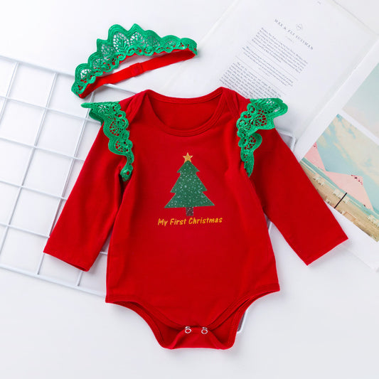 Christmas Autumn/Winter New Style Christmas Tree Long-Sleeved Romper Set for 0-2 Year Old Babies with Tutu Skirt