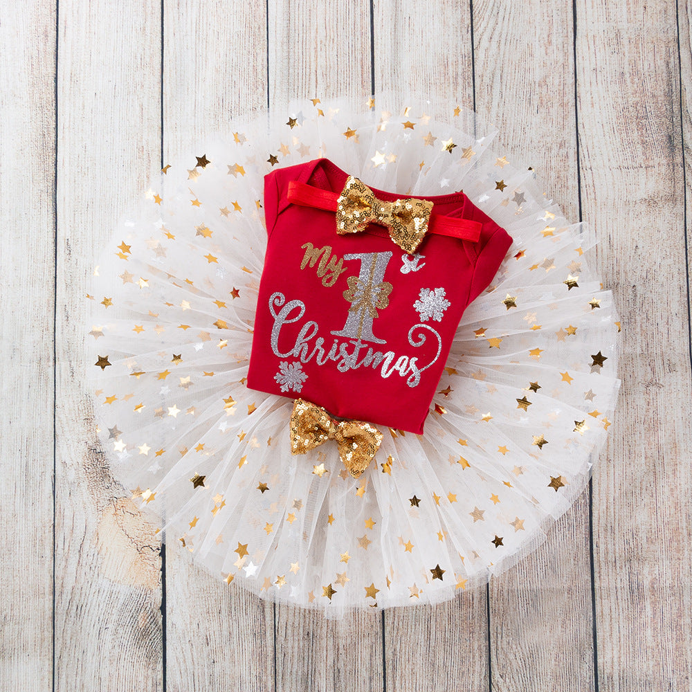 New long-sleeved romper skirt set for infants aged 0-2 years, perfect for Christmas and other festive occasions.