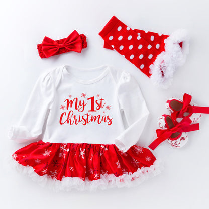 Christmas Baby Big Snowflake Long Sleeve Romper Dress Set 0-2Girls' One-Piece Dress Kids' Clothing