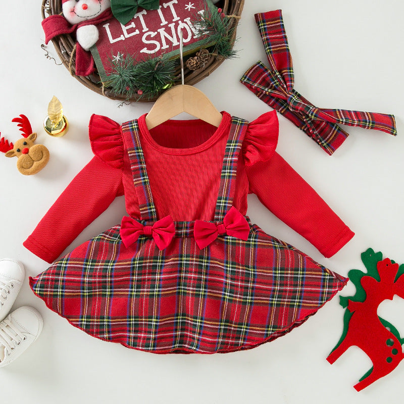 New Autumn/Winter Christmas Style Long-Sleeved Romper Dress for Baby Girls, Cute Ruffled Bow Plaid Princess Dress