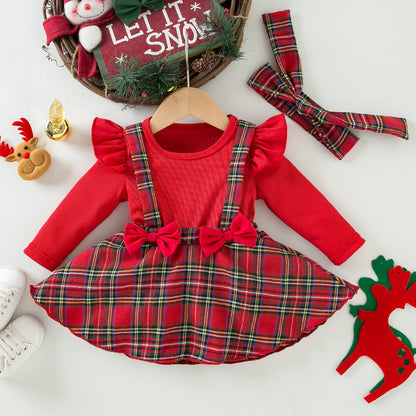 New Autumn/Winter Christmas Style Long-Sleeved Romper Dress for Baby Girls, Cute Ruffled Bow Plaid Princess Dress