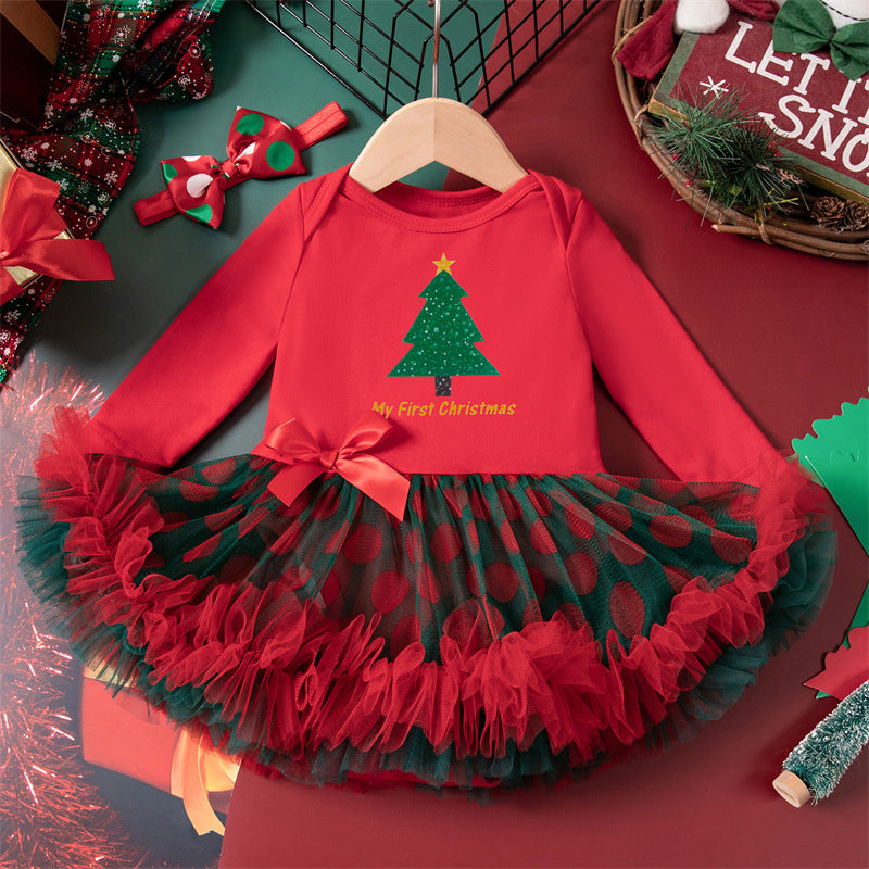 2025 Autumn/Winter New Christmas Long-Sleeved Romper, Puffy Princess Dress, Headband Two-Piece Set