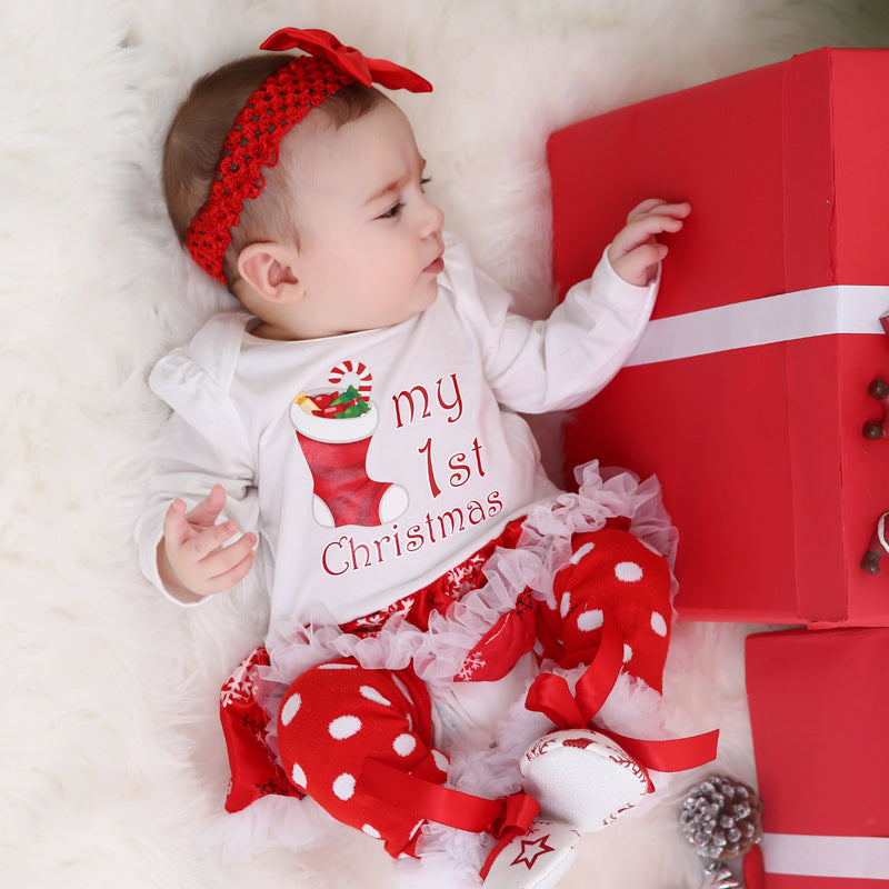 Christmas Baby Big Snowflake Long Sleeve Romper Dress Set 0-2Girls' One-Piece Dress Kids' Clothing