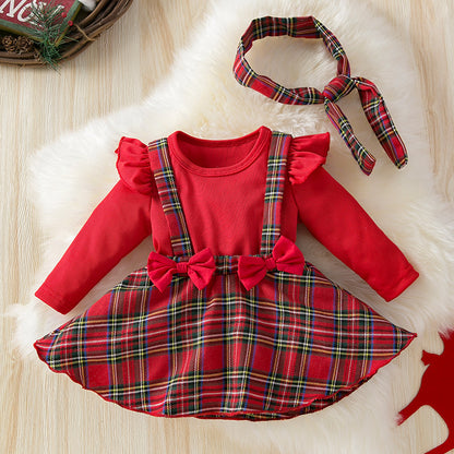 New Autumn/Winter Christmas Style Long-Sleeved Romper Dress for Baby Girls, Cute Ruffled Bow Plaid Princess Dress