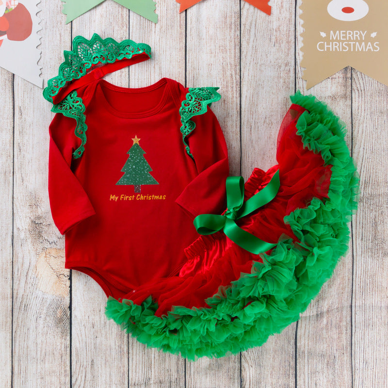 Christmas Autumn/Winter New Style Christmas Tree Long-Sleeved Romper Set for 0-2 Year Old Babies with Tutu Skirt