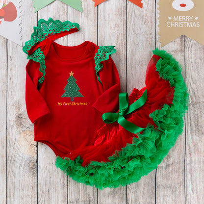Christmas Autumn/Winter New Style Christmas Tree Long-Sleeved Romper Set for 0-2 Year Old Babies with Tutu Skirt