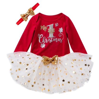 New long-sleeved romper skirt set for infants aged 0-2 years, perfect for Christmas and other festive occasions.