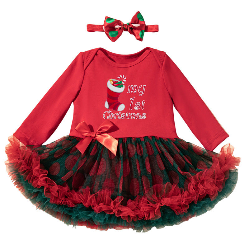 2025 Autumn/Winter New Christmas Long-Sleeved Romper, Puffy Princess Dress, Headband Two-Piece Set