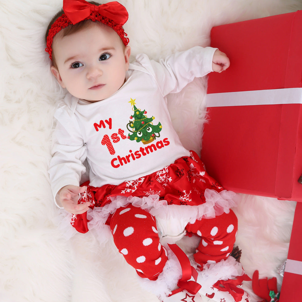 Christmas Baby Big Snowflake Long Sleeve Romper Dress Set 0-2Girls' One-Piece Dress Kids' Clothing