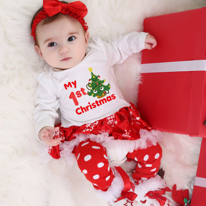 Christmas Baby Big Snowflake Long Sleeve Romper Dress Set 0-2Girls' One-Piece Dress Kids' Clothing