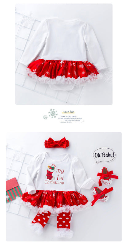 Christmas Baby Big Snowflake Long Sleeve Romper Dress Set 0-2Girls' One-Piece Dress Kids' Clothing