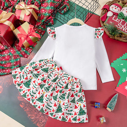 New Autumn and Winter Girls' Long Sleeve Round Neck Flutter Sleeve Sweatshirt Printed Skirt Two-Piece Set