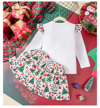 New Autumn and Winter Girls' Long Sleeve Round Neck Flutter Sleeve Sweatshirt Printed Skirt Two-Piece Set