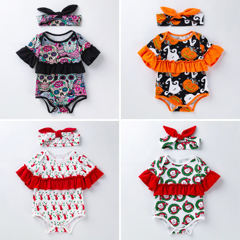 Children's Clothing New Halloween Christmas Baby Clothes Short Sleeve Romper Cartoon Onesie Jumpsuit