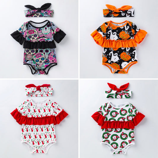 Children's Clothing New Halloween Christmas Baby Clothes Short Sleeve Romper Cartoon Onesie Jumpsuit