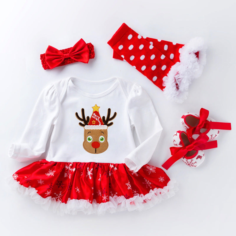 Christmas Baby Big Snowflake Long Sleeve Romper Dress Set 0-2Girls' One-Piece Dress Kids' Clothing