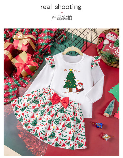 New Autumn and Winter Girls' Long Sleeve Round Neck Flutter Sleeve Sweatshirt Printed Skirt Two-Piece Set