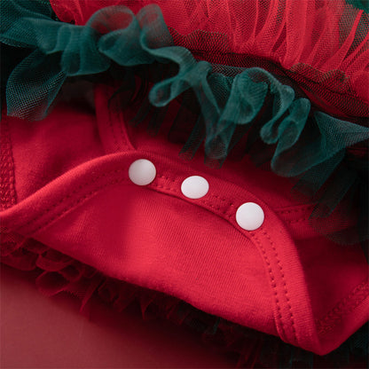 2025 Autumn/Winter New Christmas Long-Sleeved Romper, Puffy Princess Dress, Headband Two-Piece Set