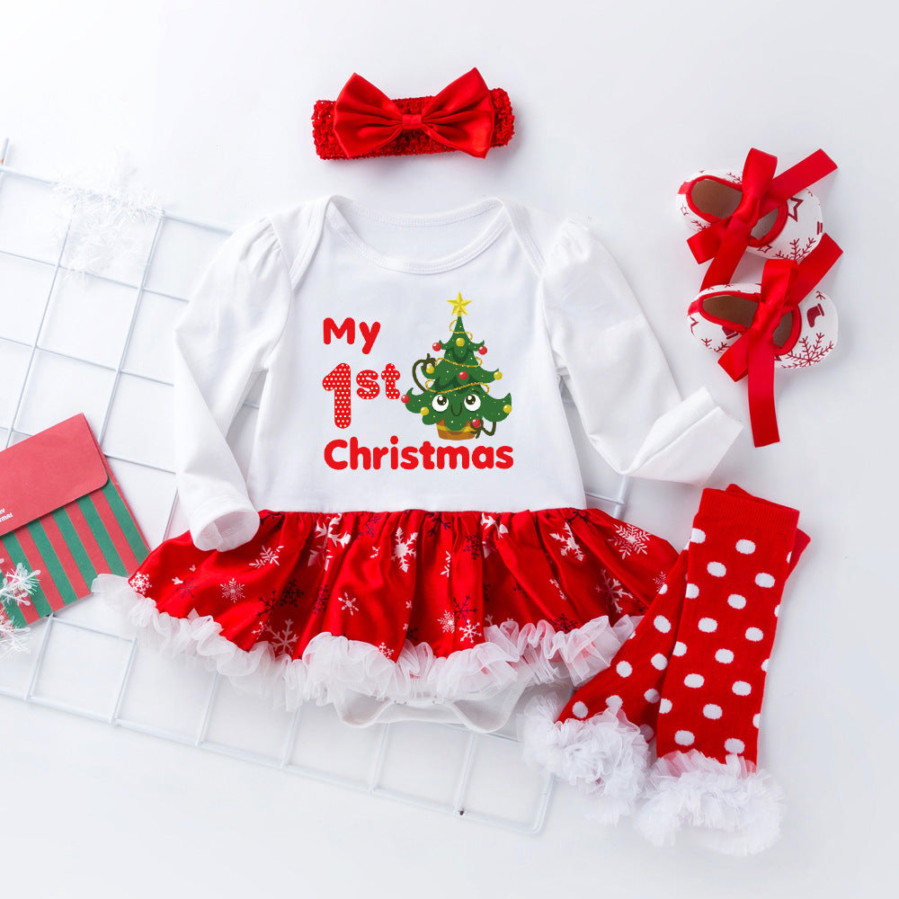 Christmas Baby Big Snowflake Long Sleeve Romper Dress Set 0-2Girls' One-Piece Dress Kids' Clothing