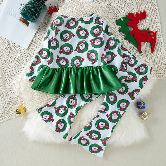 New Children's Clothing Festival Party Outfit Santa Claus Print Boys' Long Pants Set Trendy Versatile Knitwear