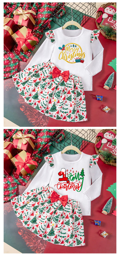 New Autumn and Winter Girls' Long Sleeve Round Neck Flutter Sleeve Sweatshirt Printed Skirt Two-Piece Set