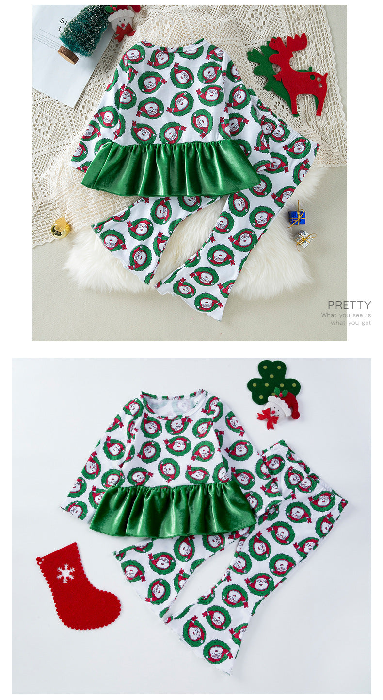 New Children's Clothing Festival Party Outfit Santa Claus Print Boys' Long Pants Set Trendy Versatile Knitwear