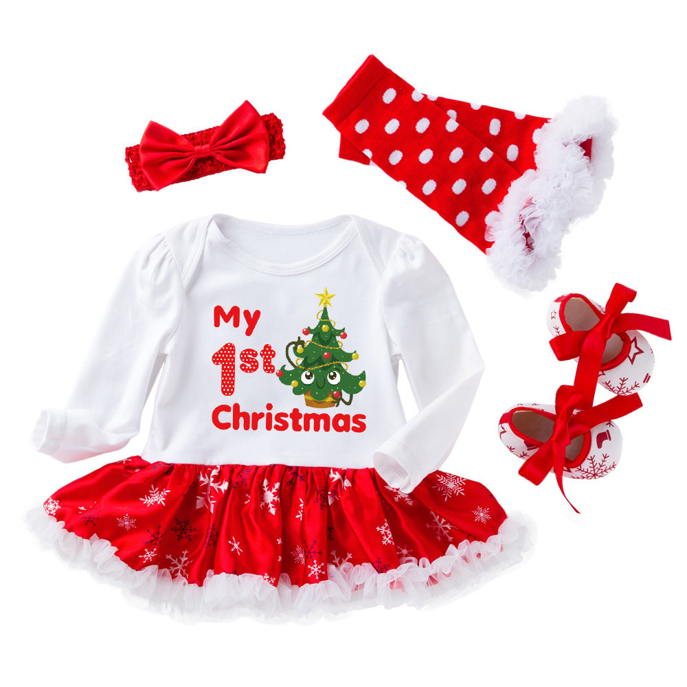 Christmas Baby Big Snowflake Long Sleeve Romper Dress Set 0-2Girls' One-Piece Dress Kids' Clothing