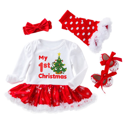 Christmas Baby Big Snowflake Long Sleeve Romper Dress Set 0-2Girls' One-Piece Dress Kids' Clothing