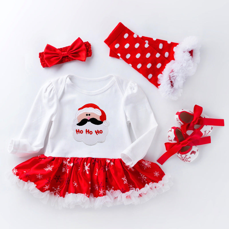 Christmas Baby Big Snowflake Long Sleeve Romper Dress Set 0-2Girls' One-Piece Dress Kids' Clothing