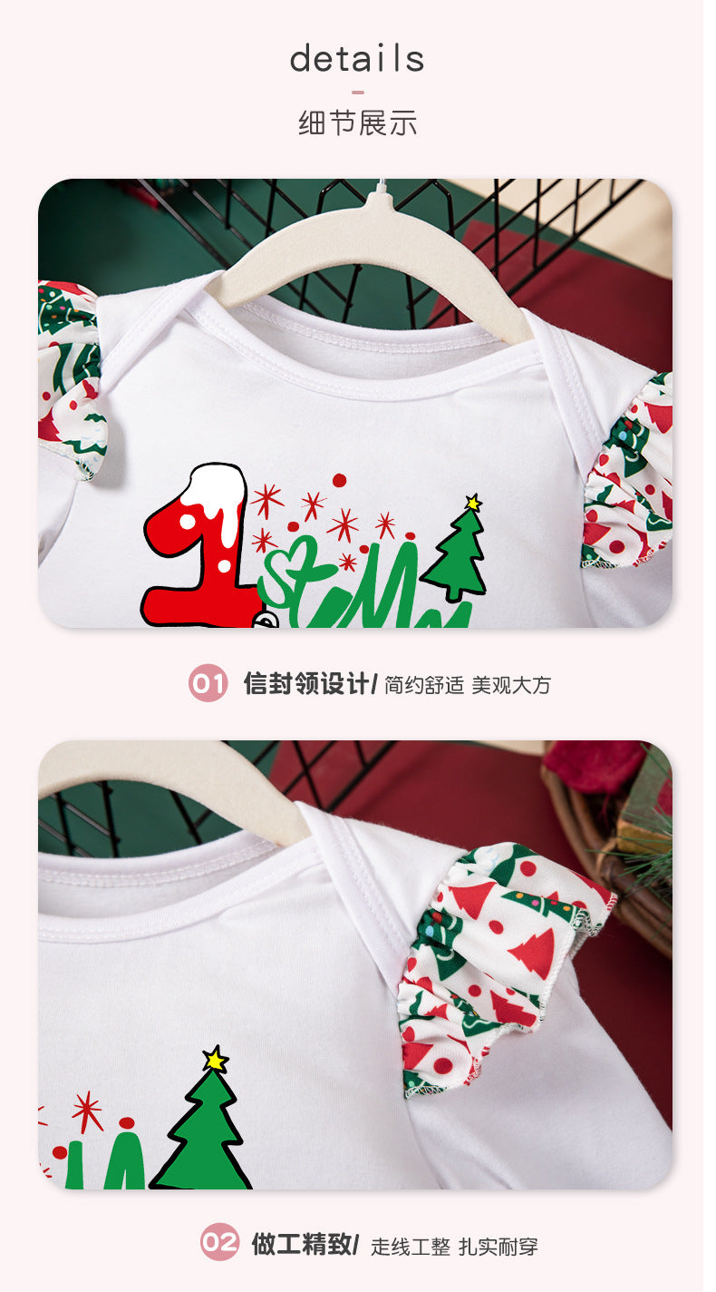 New Autumn and Winter Girls' Long Sleeve Round Neck Flutter Sleeve Sweatshirt Printed Skirt Two-Piece Set