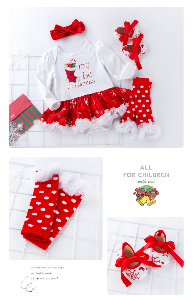 Christmas Baby Big Snowflake Long Sleeve Romper Dress Set 0-2Girls' One-Piece Dress Kids' Clothing