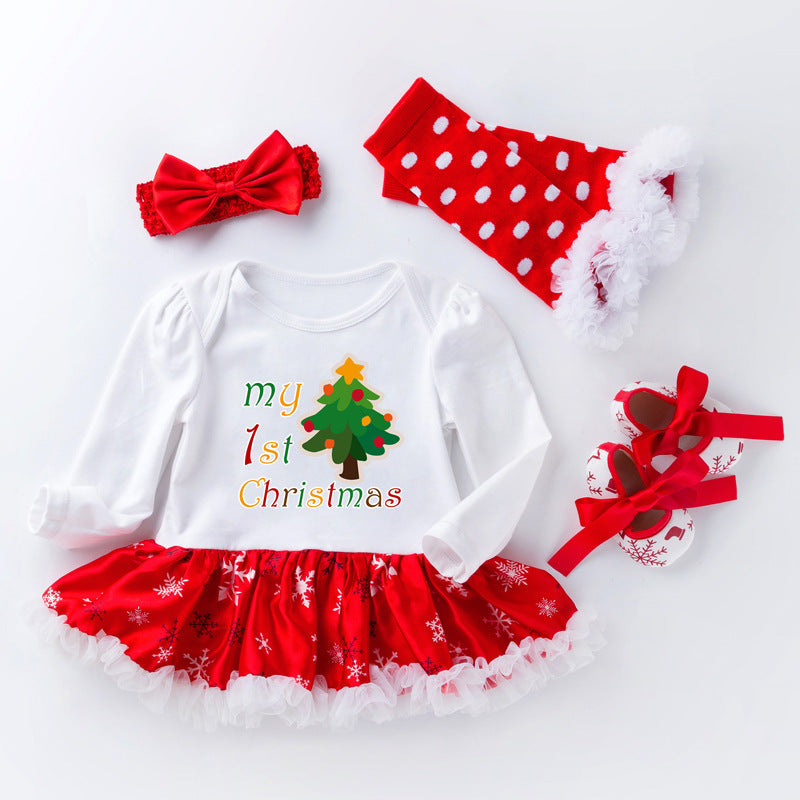 Christmas Baby Big Snowflake Long Sleeve Romper Dress Set 0-2Girls' One-Piece Dress Kids' Clothing