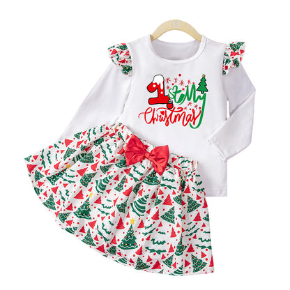 New Autumn and Winter Girls' Long Sleeve Round Neck Flutter Sleeve Sweatshirt Printed Skirt Two-Piece Set