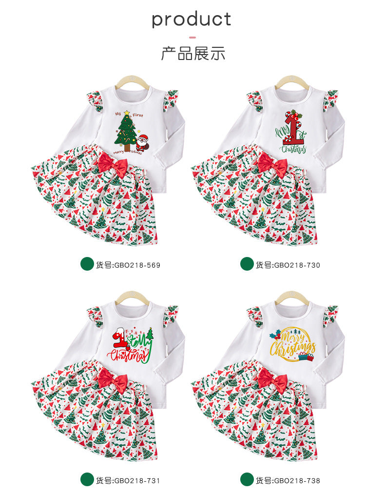 New Autumn and Winter Girls' Long Sleeve Round Neck Flutter Sleeve Sweatshirt Printed Skirt Two-Piece Set