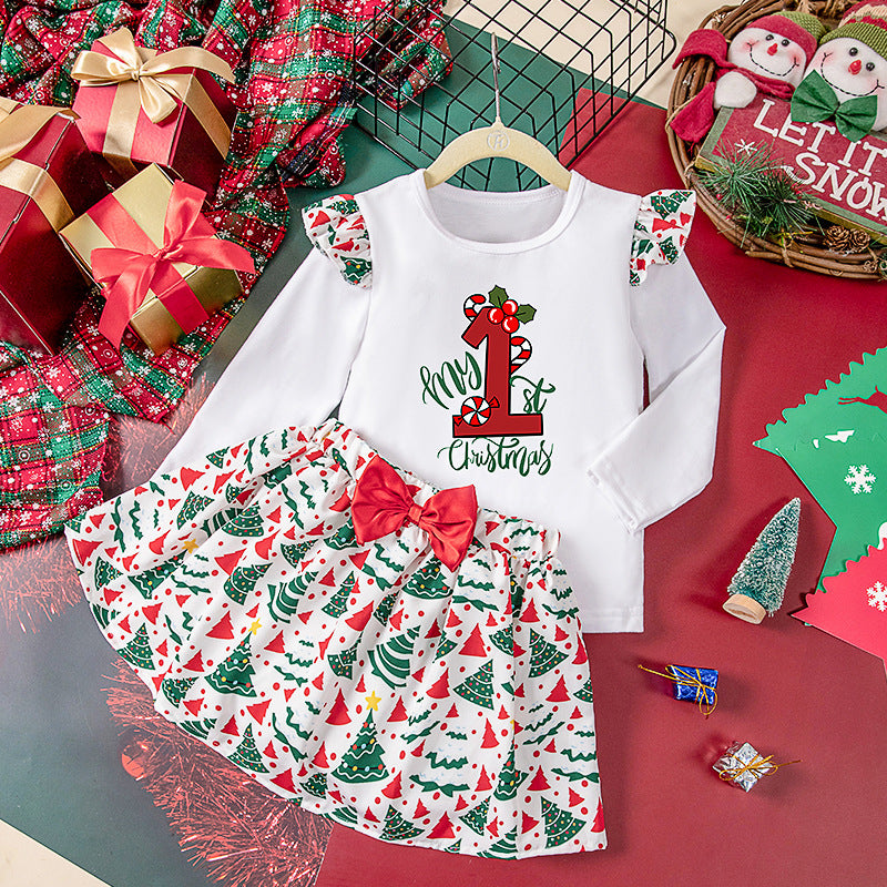 New Autumn and Winter Girls' Long Sleeve Round Neck Flutter Sleeve Sweatshirt Printed Skirt Two-Piece Set